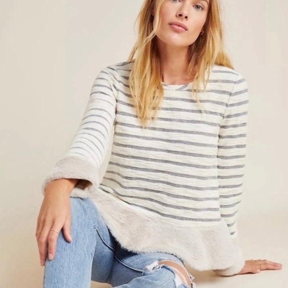 Anthro Maeve🔥SALE🔥strip top faux fur trim Medium - Picture 1 of 9